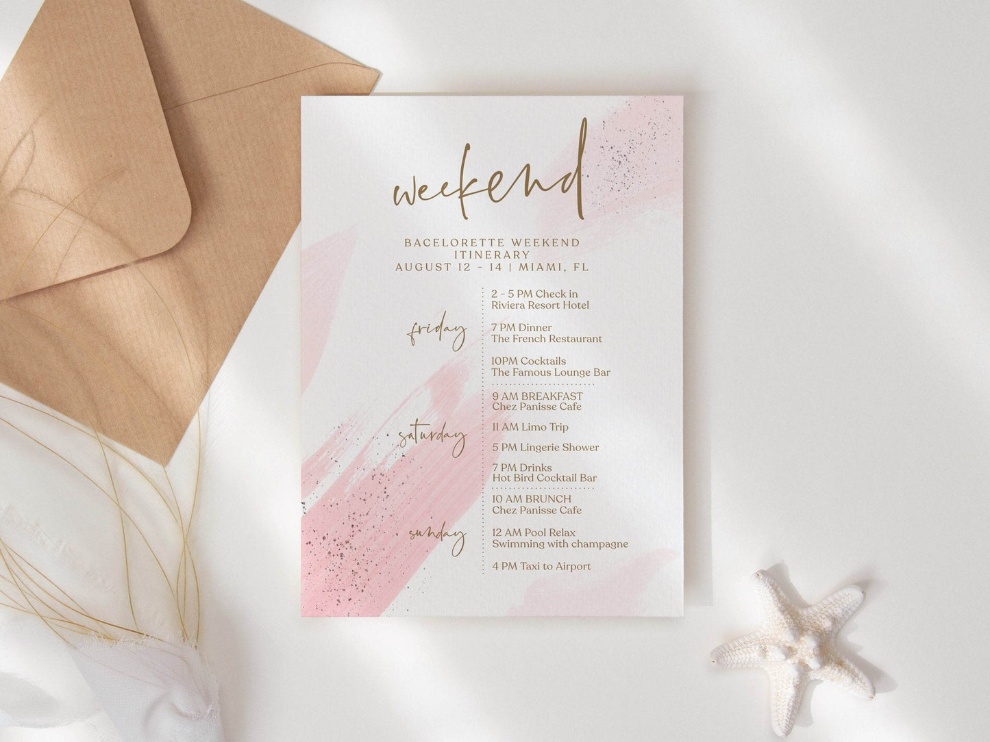 Printable Pink Simple Weekend Itinerary Template, Editable Hens Party Weekend Itinerary, Bachelorette, Minimalist Birthday Weekend Itinerary