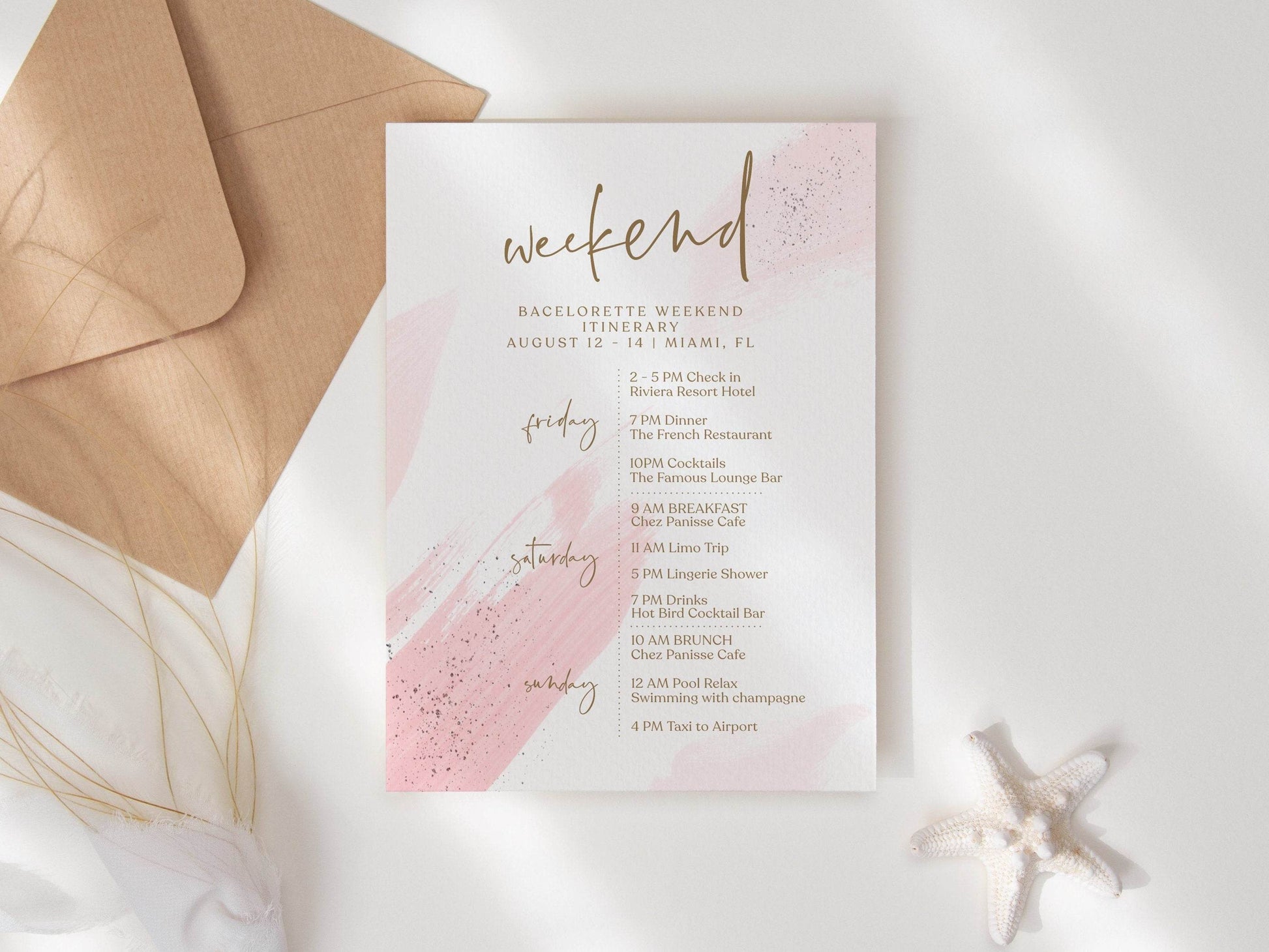 Printable Pink Simple Weekend Itinerary Template, Editable Hens Party Weekend Itinerary, Bachelorette, Minimalist Birthday Weekend Itinerary