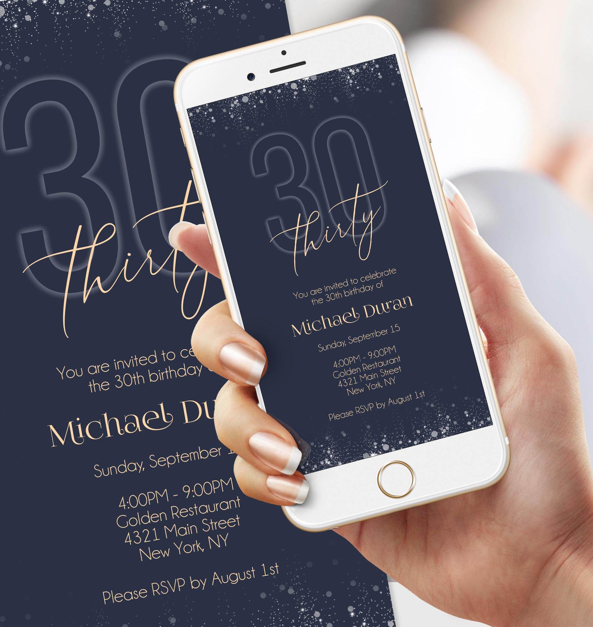 Electronic Navy Gold 30th Birthday Invitation Template – Editable Digital Evite for Men | Phone & Email Text Message Invite | Instant Download