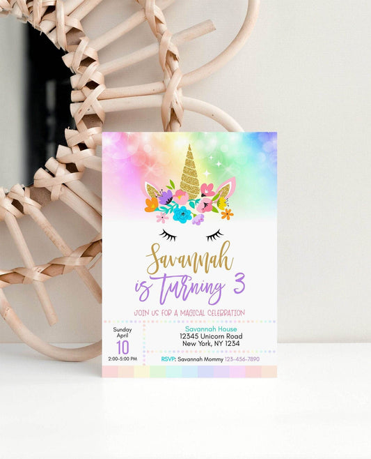 Rainbow Unicorn Birthday Invitation, Printable Unicorn Party Invite, Editable Magical Girl Birthday Template, Instant Download DIY