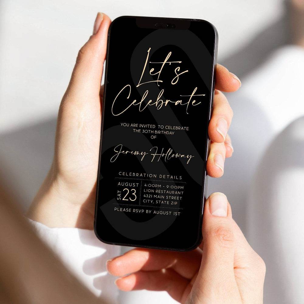 Let’s Celebrate Birthday Invitation – Editable Black Digital Template – Text Message Evite – Mobile Phone Invite – Instant Download