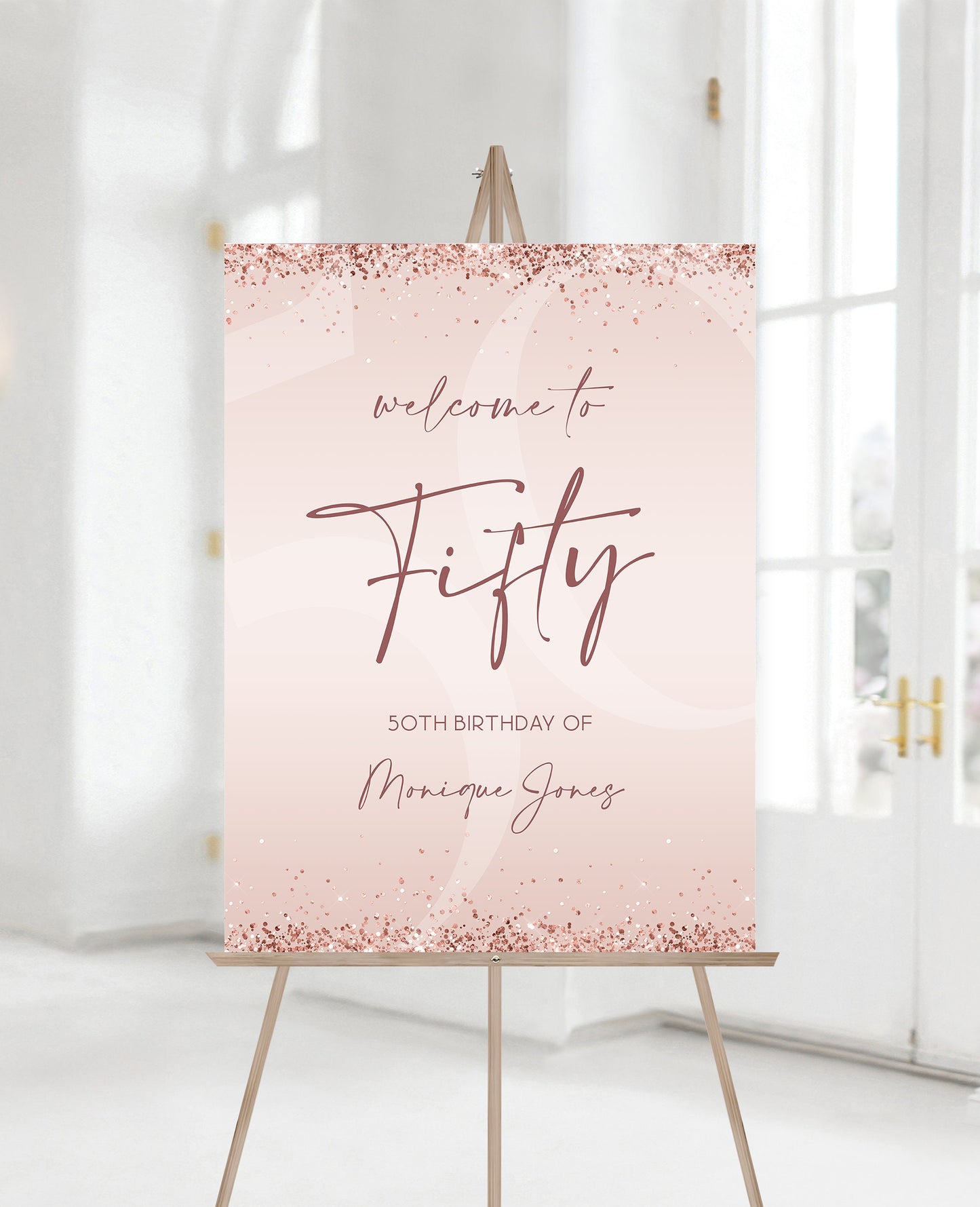 Printable 50th Fifty Birthday Party Welcome Sign, Editable Template, Modern Birthday Welcome Sign Poster, Rose Gold Glitter Pink Confetti