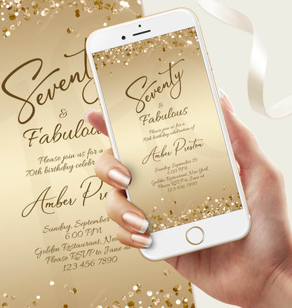 Digital 70th Seventy and Fabulous Dinner Party Invitation – Editable Gold 70th Birthday Evite for Her | Electronic Ladies Invite Template | Instant Download
