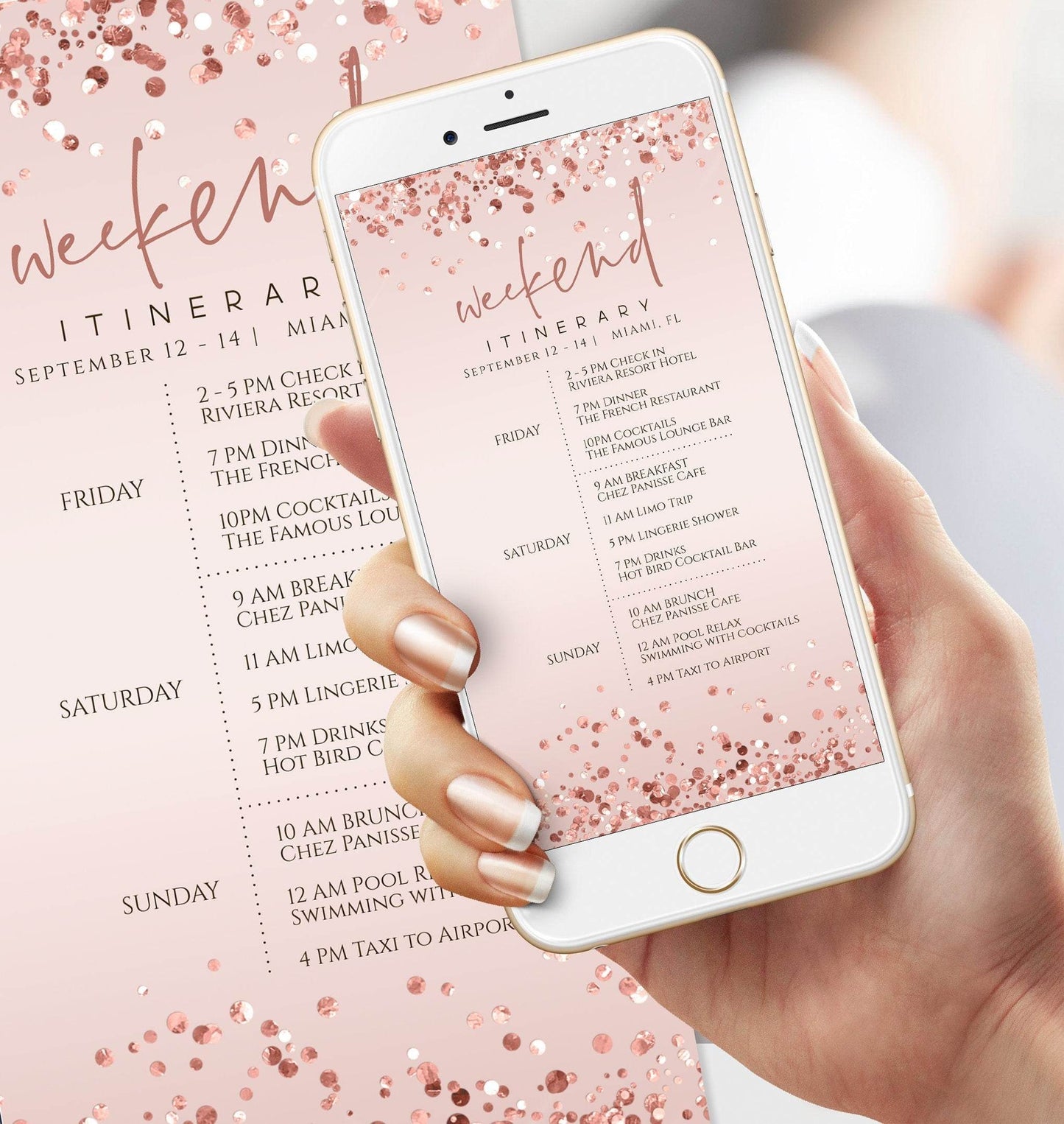 Pink Rose Gold Digital Weekend Itinerary Template, Editable Mobile Schedule for Birthday or Bachelorette, Electronic Text Message Itinerary, Instant Download