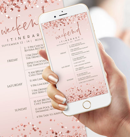 Pink Rose Gold Digital Weekend Itinerary Template, Editable Mobile Schedule for Birthday or Bachelorette, Electronic Text Message Itinerary, Instant Download
