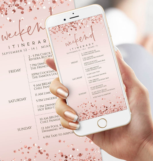 Pink Rose Gold Digital Weekend Itinerary Template, Editable Mobile Schedule for Birthday or Bachelorette, Electronic Text Message Itinerary, Instant Download