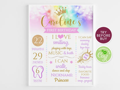 Rainbow First Birthday Poster, Princess First Birthday Board, Girl Milestone Chalkboard Sign, Purple Gold Party Poster, Crown, Download DIY