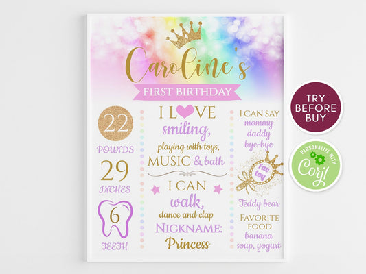Rainbow First Birthday Poster, Princess First Birthday Board, Girl Milestone Chalkboard Sign, Purple Gold Party Poster, Crown, Download DIY