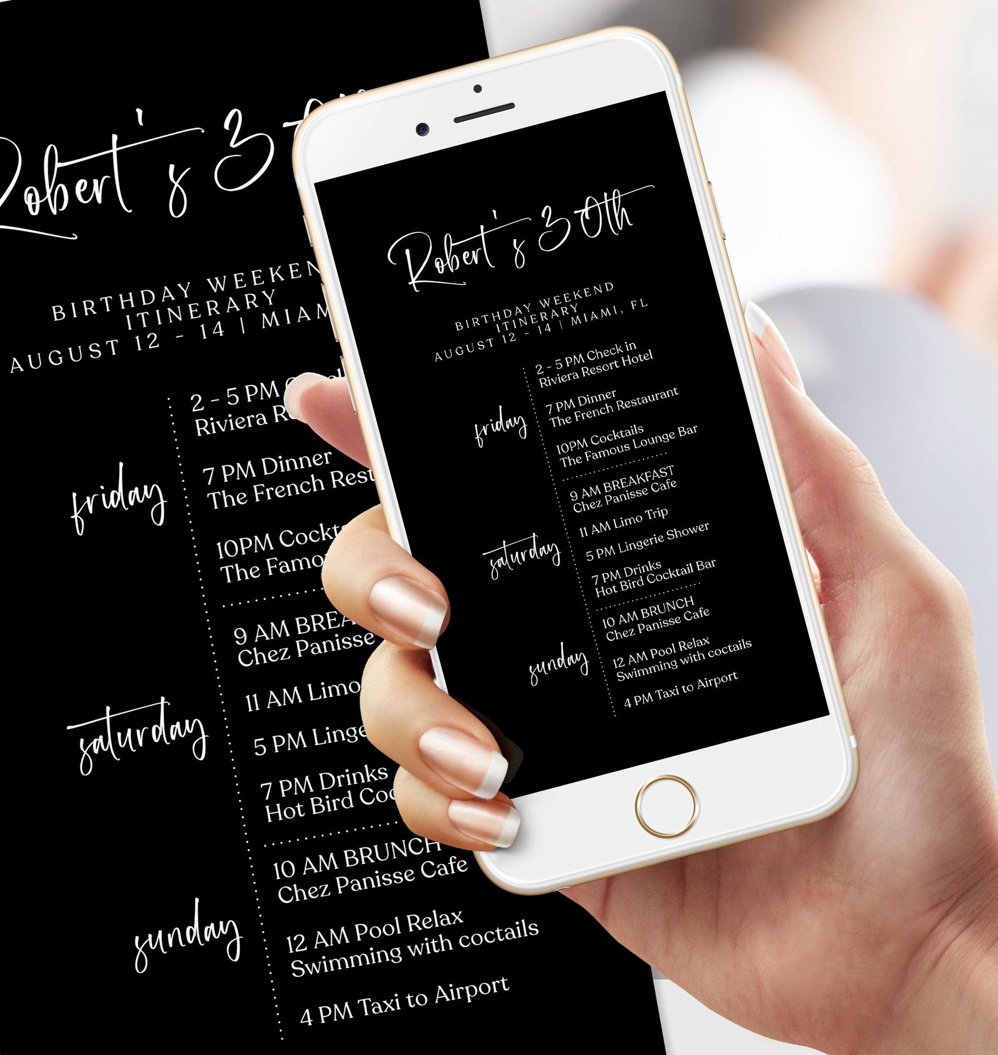 Electronic Black Birthday Weekend Itinerary Template, Digital Editable Minimalist Weekend Itinerary, Simple Birthday Weekend Itinerary Evite