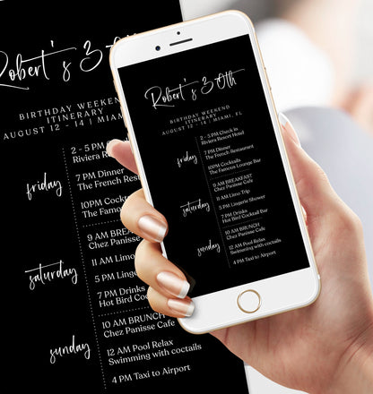 Electronic Black Birthday Weekend Itinerary Template, Digital Editable Minimalist Weekend Itinerary, Simple Birthday Weekend Itinerary Evite