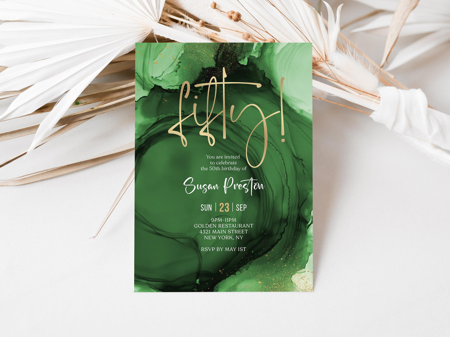 Green Emerald Gold 50th Fifty Birthday Invitation Template, Printable Woman Dinner Party Invite, Editable Surprise Invite, Digital Download