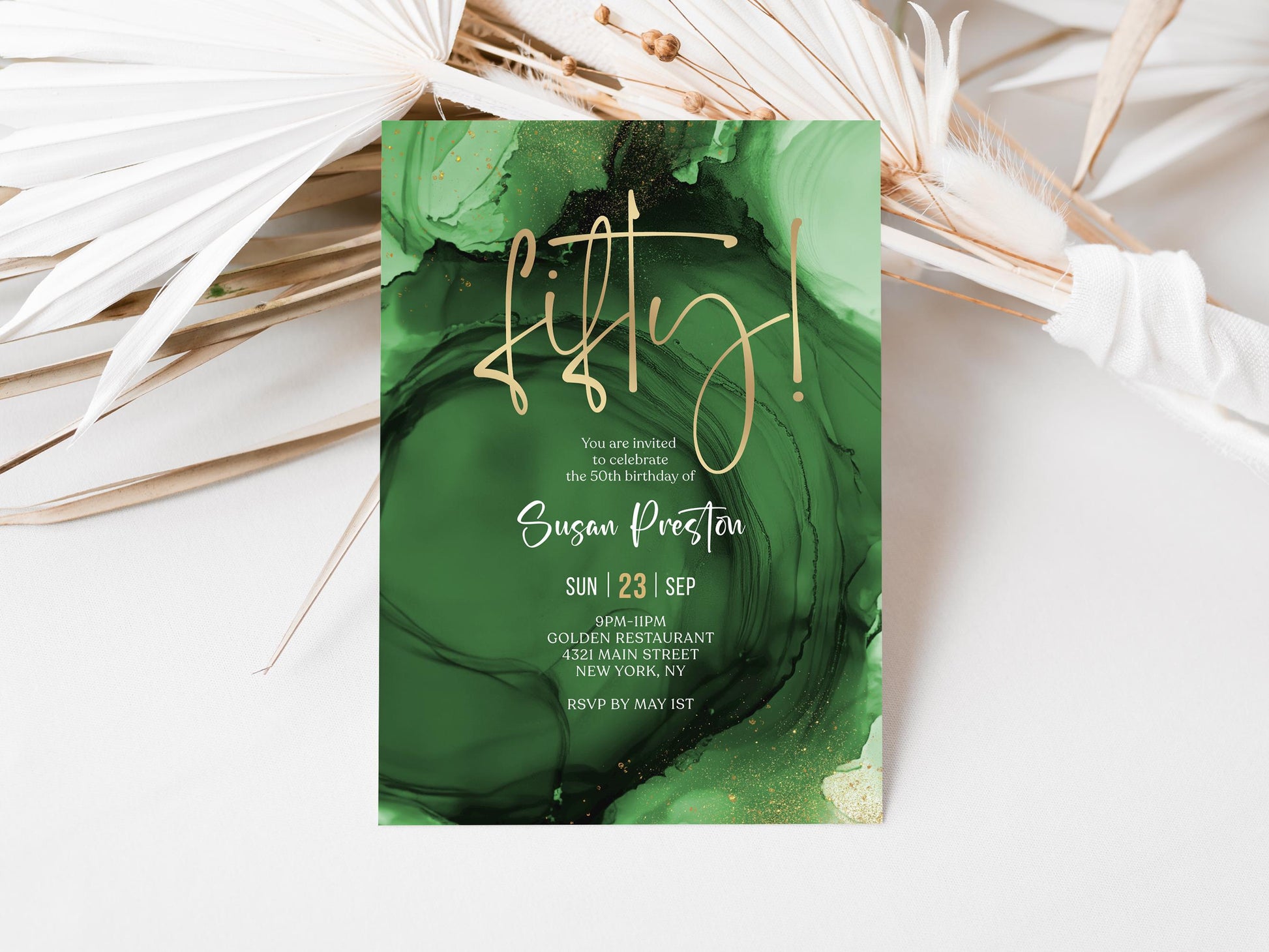 Green Emerald Gold 50th Fifty Birthday Invitation Template, Printable Woman Dinner Party Invite, Editable Surprise Invite, Digital Download