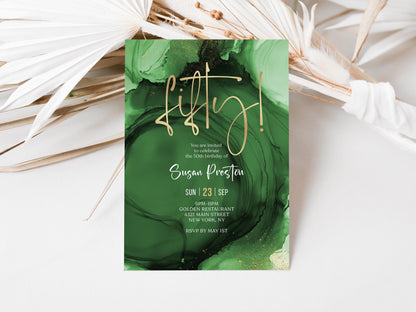 Green Emerald Gold 50th Fifty Birthday Invitation Template, Printable Woman Dinner Party Invite, Editable Surprise Invite, Digital Download