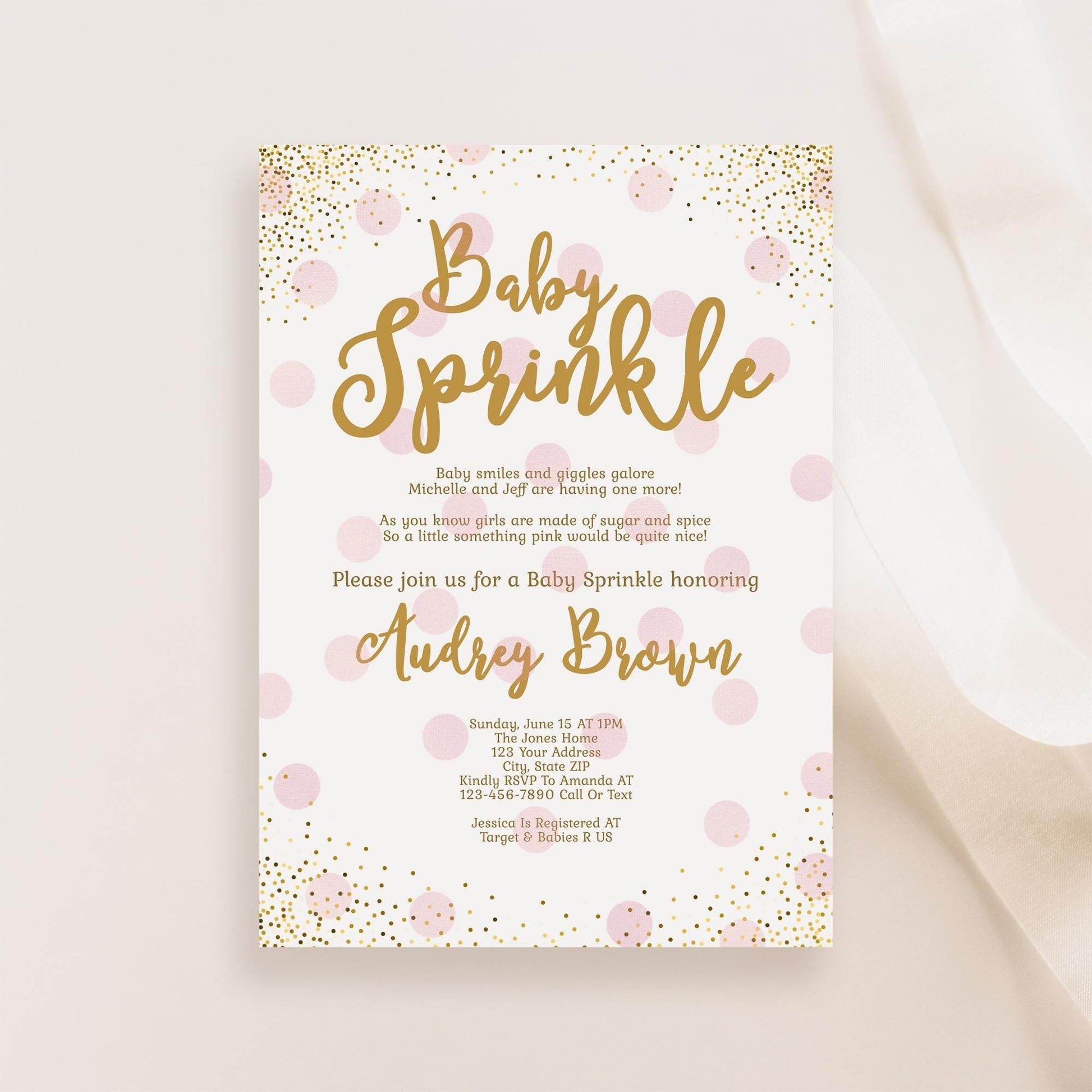 Girl Baby Sprinkle Invitation Template – Blush Pink & Gold Baby Shower Invite Bundle | Editable Printable Baby Sprinkle for Girl | Instant Download