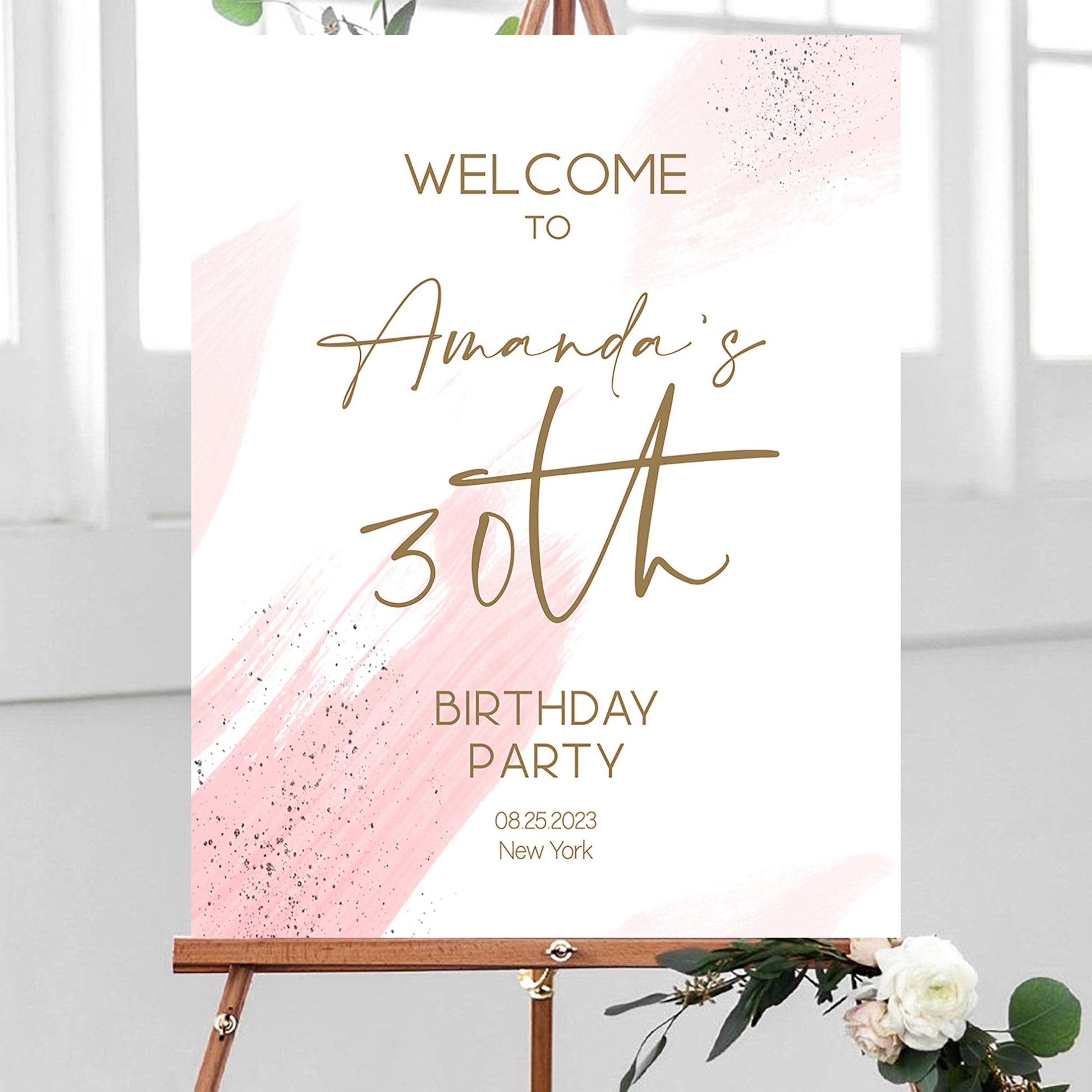 Printable 30th Birthday Party Welcome Sign, Editable Template, Modern Calligraphy Birthday Welcome Sign Template, DIY Blush Pink Watercolor