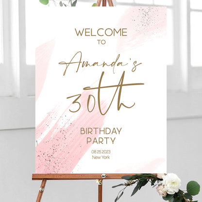 Printable 30th Birthday Party Welcome Sign, Editable Template, Modern Calligraphy Birthday Welcome Sign Template, DIY Blush Pink Watercolor