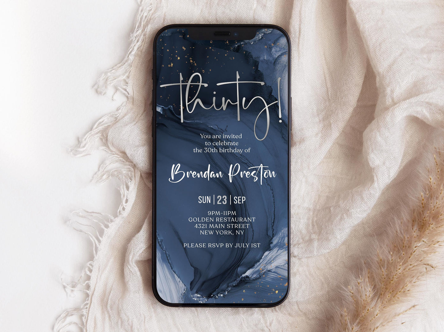 Digital Blue Navy Silver 30th Thirty Birthday Invitation Template, Man Editable Invite, Electronic Template eCard, Email Text Message Evite