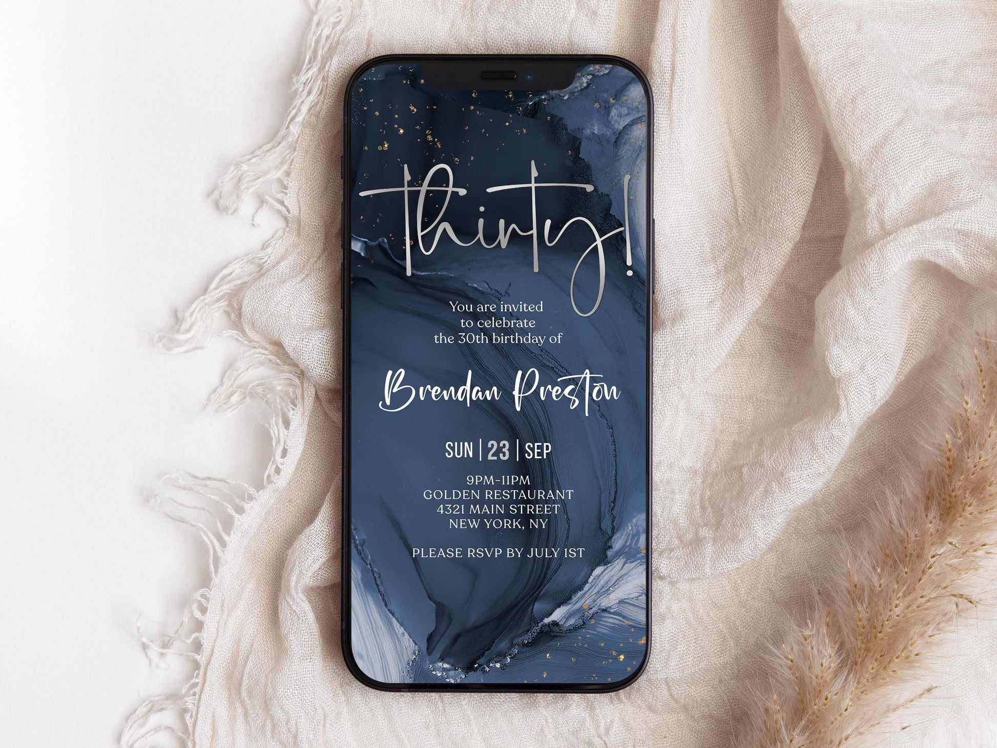 Digital Blue Navy Silver 30th Thirty Birthday Invitation Template, Man Editable Invite, Electronic Template eCard, Email Text Message Evite