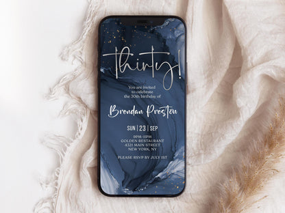 Digital Blue Navy Silver 30th Thirty Birthday Invitation Template, Man Editable Invite, Electronic Template eCard, Email Text Message Evite