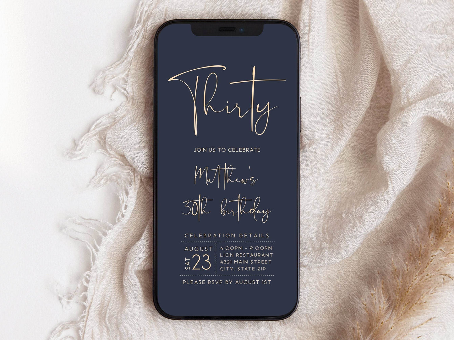 Navy Gold 30th Birthday Digital Invitation Template, Editable Electronic Mens Evite, Phone Text Message Invite, DIY Instant Download