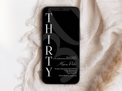 Black 30th Birthday Invitation Template, Minimalist Any Age Birthday Evite, Editable Text Message Digital Phone Invite