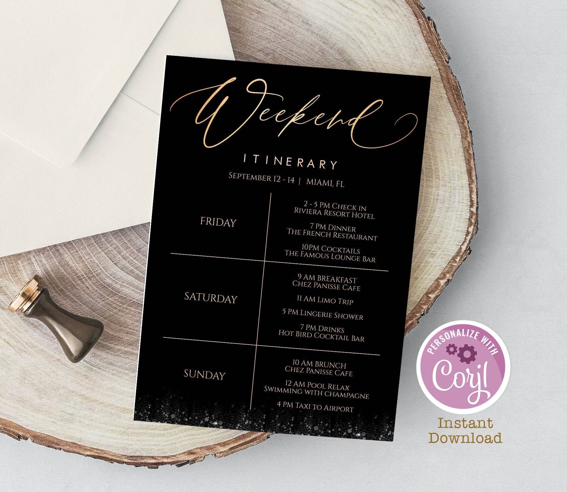 Gold & Black Itinerary Template – Printable Weekend Schedule – Editable Bachelorette, Hens Party, Birthday Weekend Agenda – Instant Download
