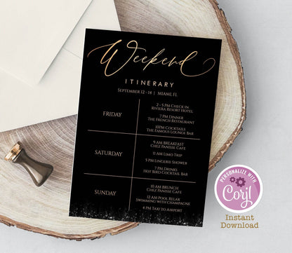 Gold & Black Itinerary Template – Printable Weekend Schedule – Editable Bachelorette, Hens Party, Birthday Weekend Agenda – Instant Download