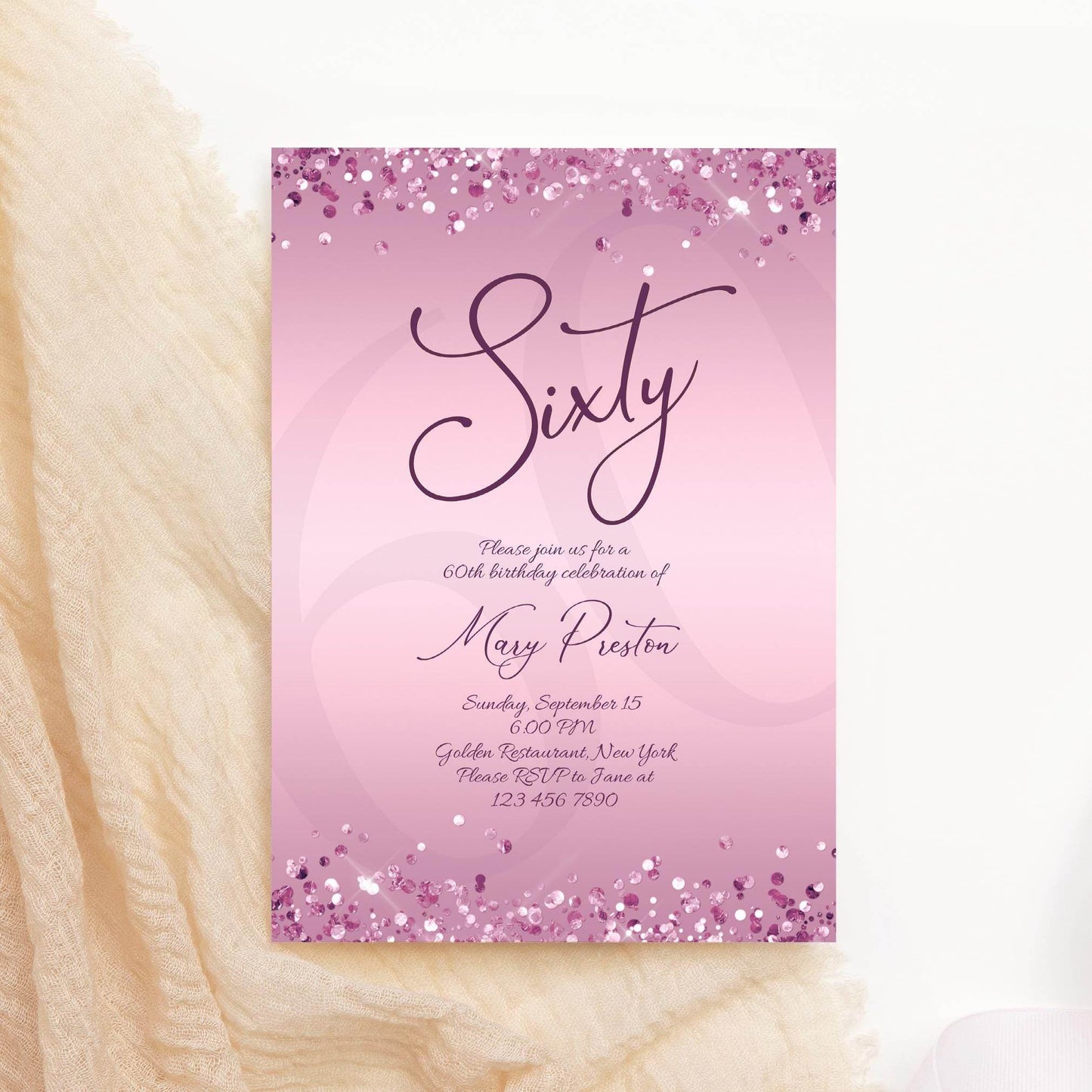 Editable 60th Birthday Invitation Template for Women, Printable Purple Gold Birthday Party Invite, Luxury Lavender Birthday Dinner Card, Email Text Message Evite, Instant Download