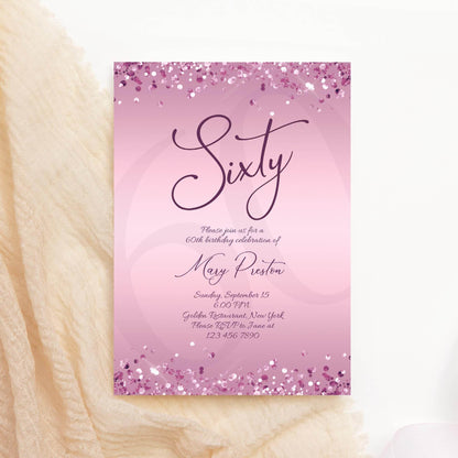 Editable 60th Birthday Invitation Template for Women, Printable Purple Gold Birthday Party Invite, Luxury Lavender Birthday Dinner Card, Email Text Message Evite, Instant Download