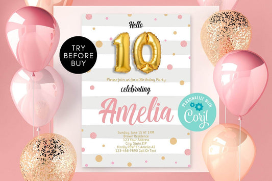 10th Birthday Invitation, Editable Balloons Girl Birthday Invite, Hello 10 Party, Pink Gold Glitter, DIY Printable Invite, Instant Download - MagicalEventCo