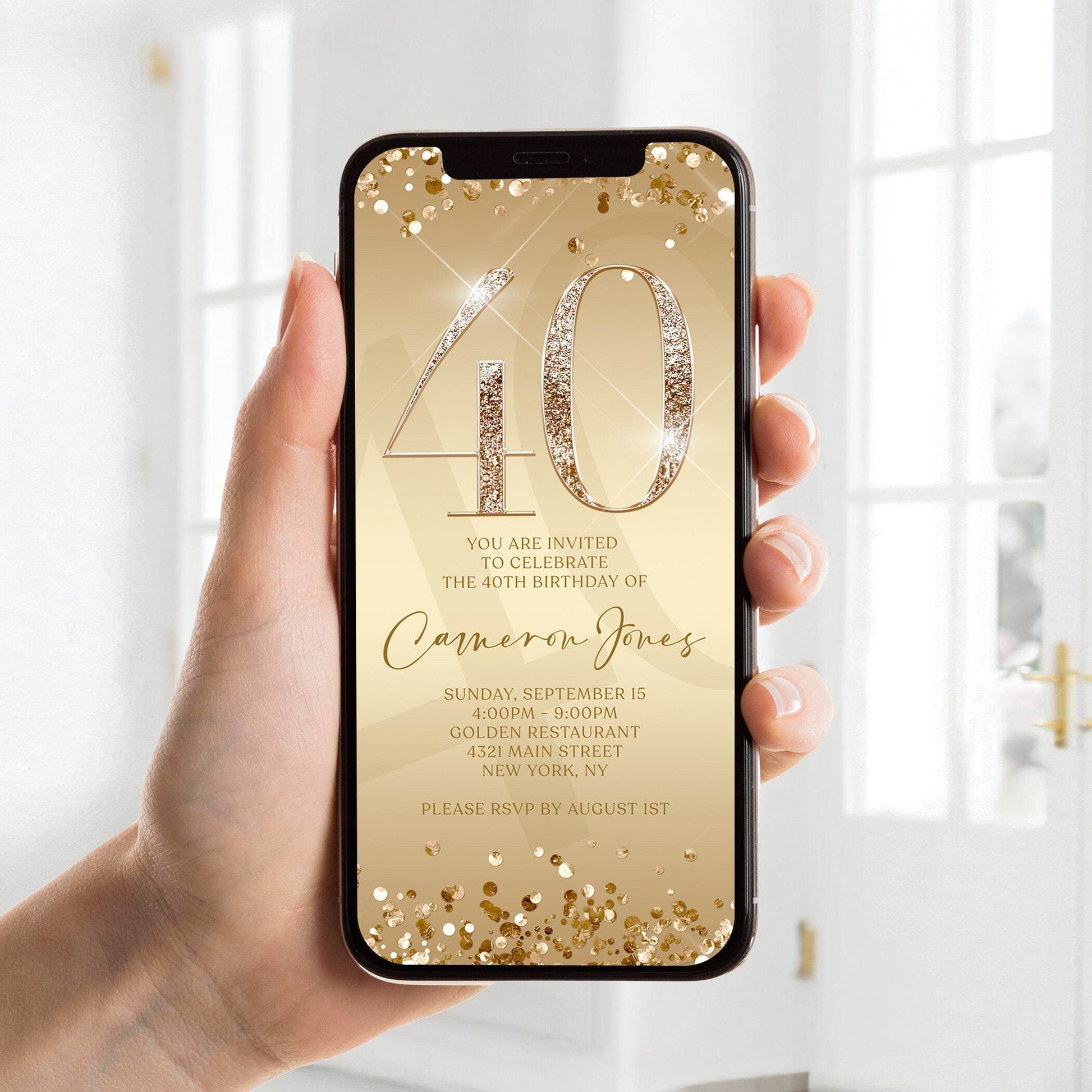 Electronic Gold 40th Birthday Invitation Template, Digital Forty Birthday Evite, Editable Mobile Invite, Text Message Birthday Download