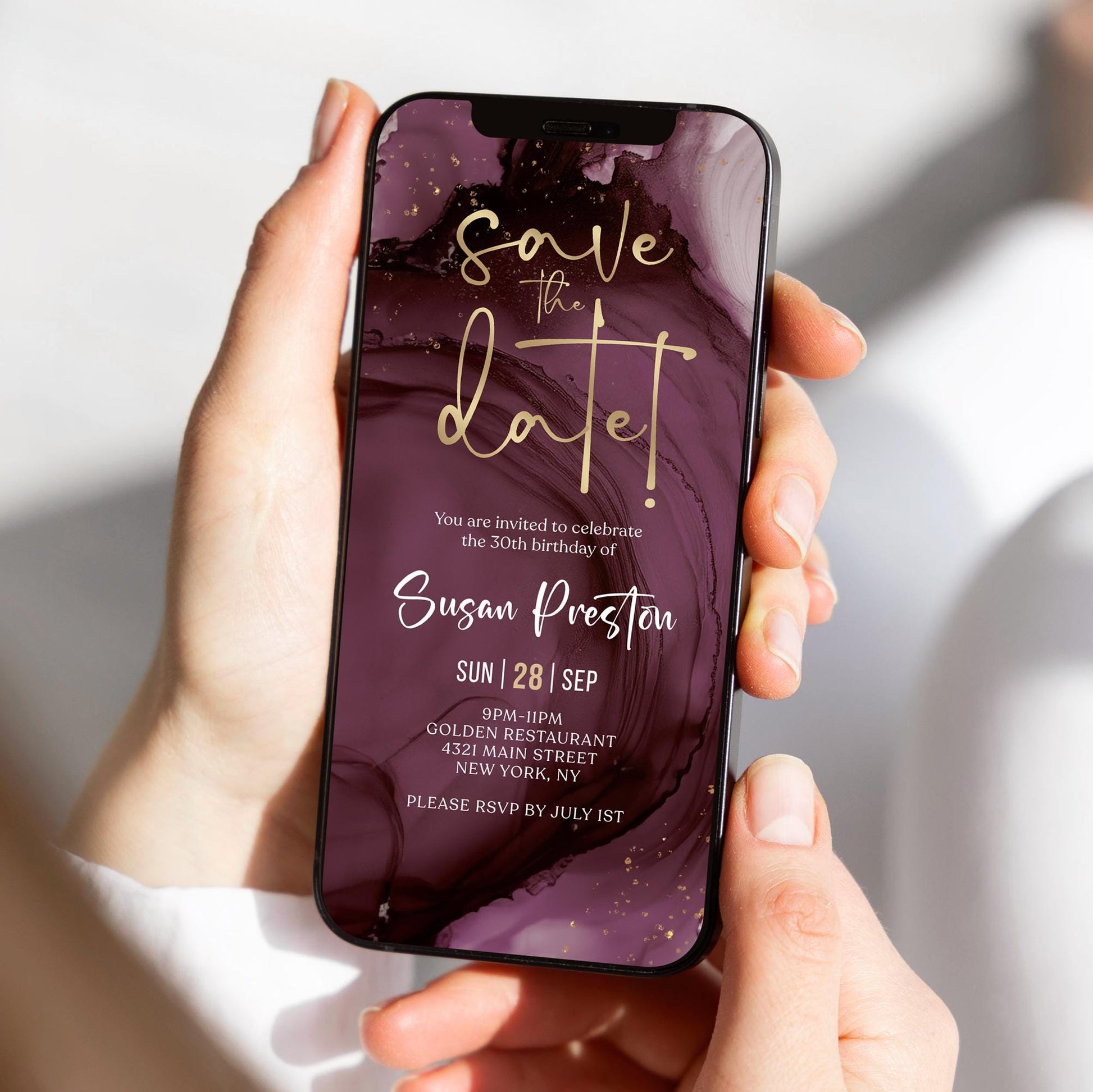 Digital Purple Gold Save the Date Invitation Template, Electronic Birthday Invite, Editable Mobile Evite, Any Age Invite, Text Message Evite