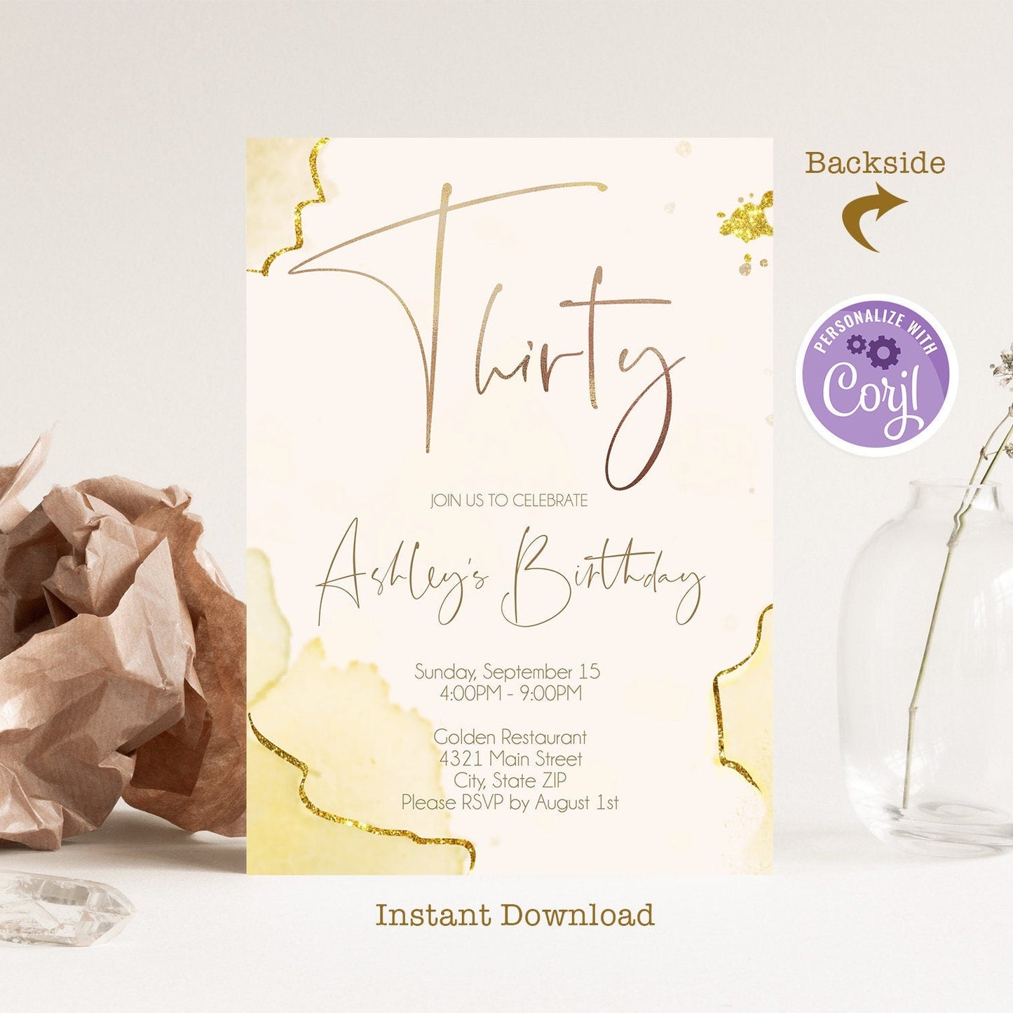 30th Birthday Invitation, Gold Foil Thirty Invitation Template, Editable 30th Birthday Party, Watercolor Birthday Invite, Instant Download