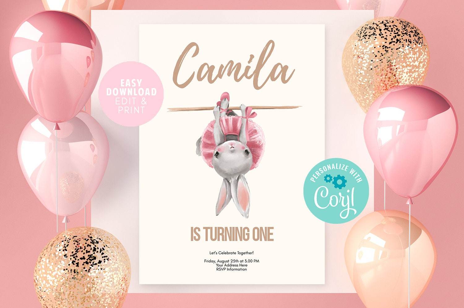 Bunny Girl Birthday Invitation Template | Editable First Birthday Invite | Printable Easter Rabbit Party Card | Instant Download Baby Girl Invitation
