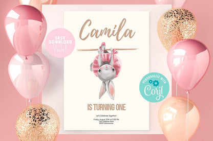Bunny Girl Birthday Invitation Template | Editable First Birthday Invite | Printable Easter Rabbit Party Card | Instant Download Baby Girl Invitation