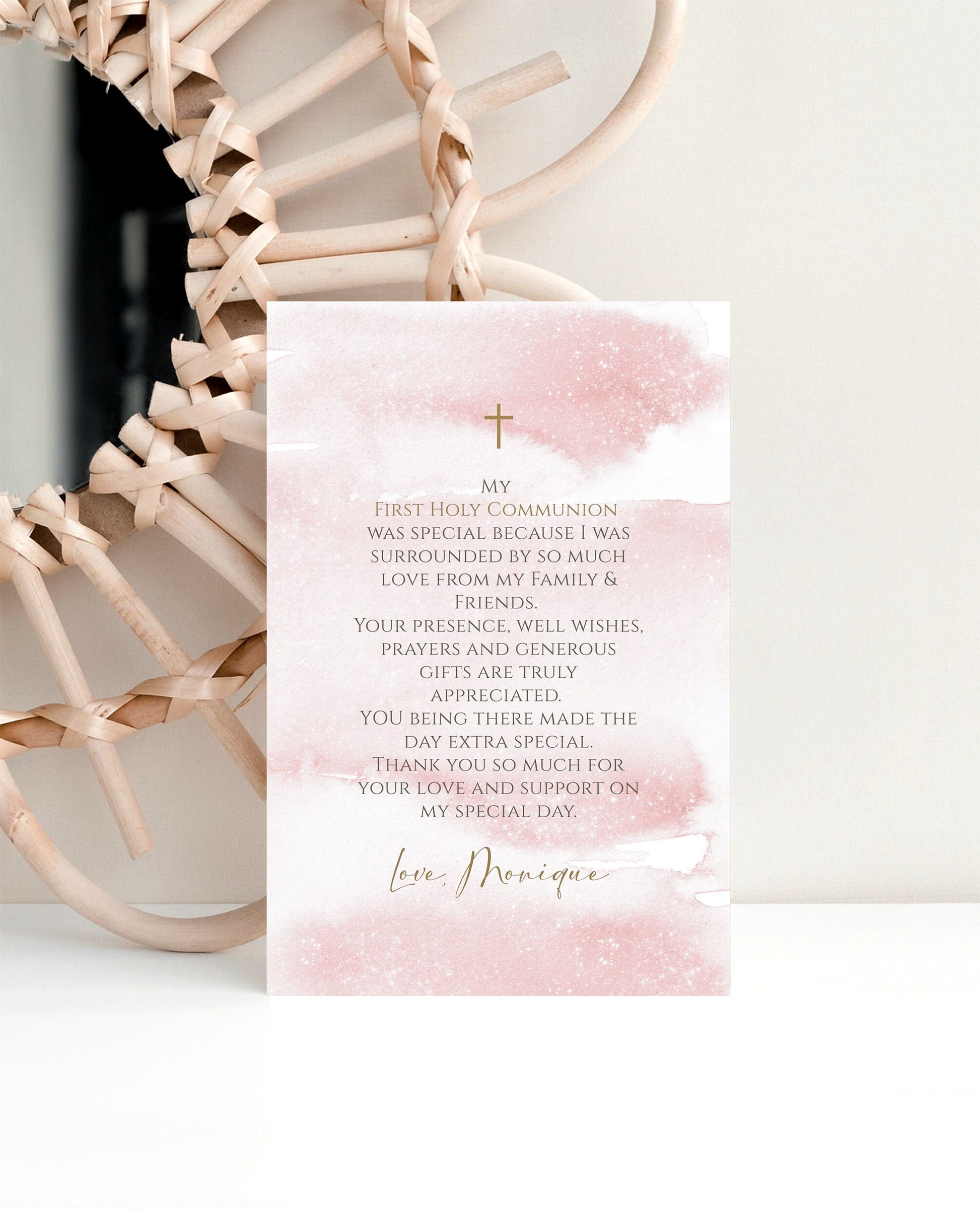 Printable Thank You Card Template, First Holy Communion Thank You Cards, Baptism Thank You Card, Editable Pink Watercolor Thank You Card 4x6