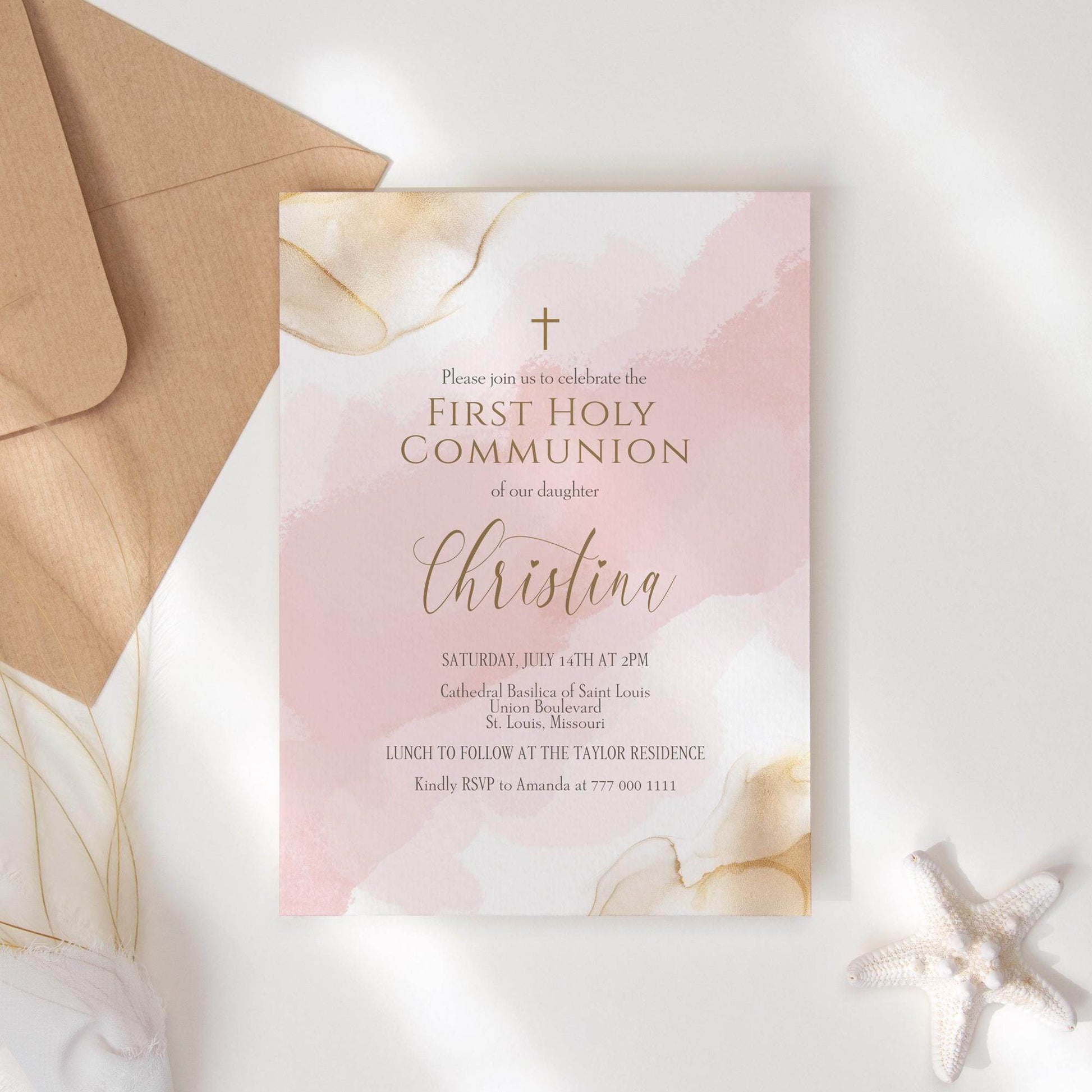 Girl First Communion Invitation Template, Printable Pink Gold Watercolor First Holy Communion Invite, Editable Card, Digital Text Evite Download