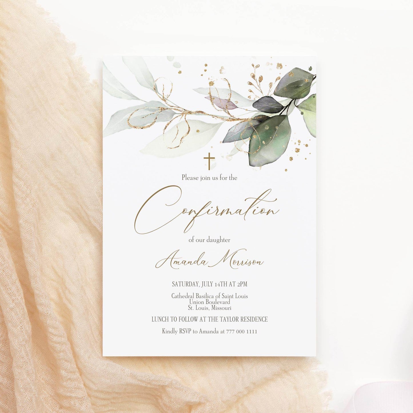 Printable Confirmation Invitation Template, Editable Greenery Eucalyptus Card, Baptism Invite for Boy or Girl, Digital Download, Text or Email
