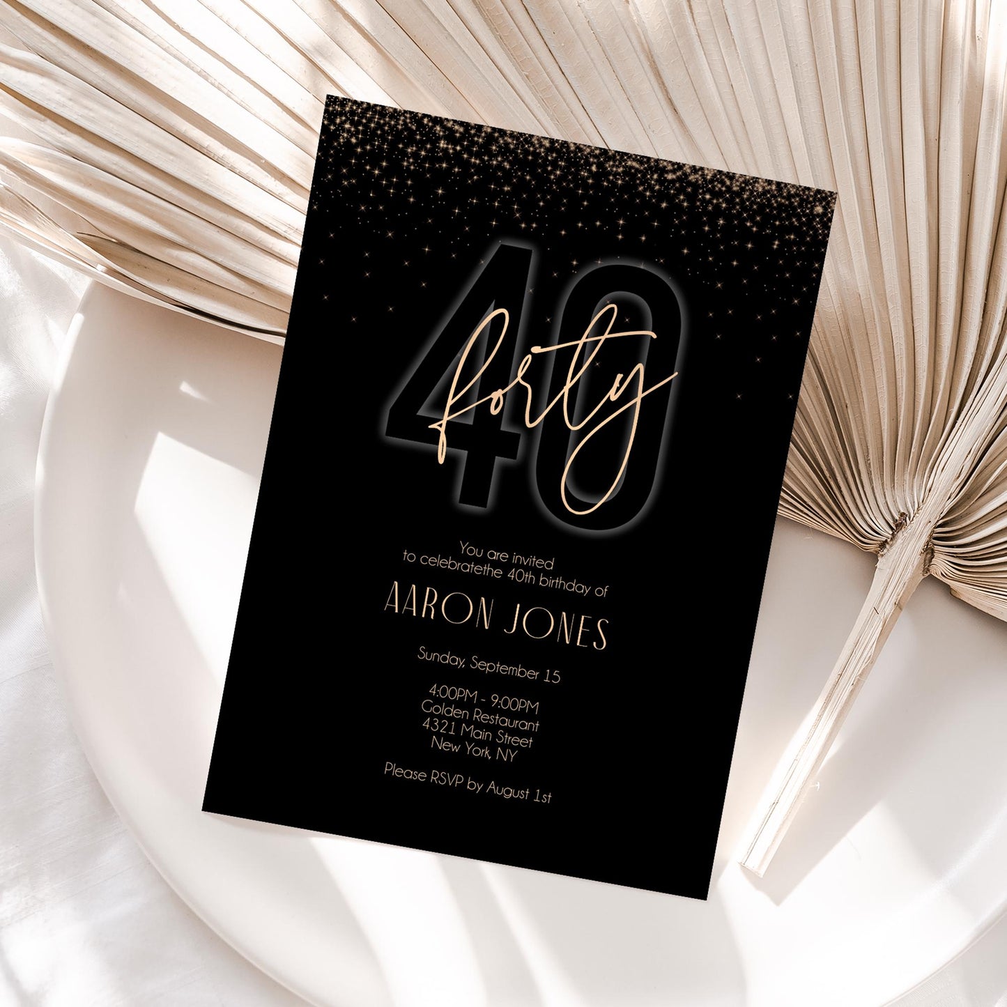 40th Birthday Invitation Printable, Forty Birthday Party, Black Gold Men Birthday Invitation, Editable Luxury Invite, Instant Download, 5x7