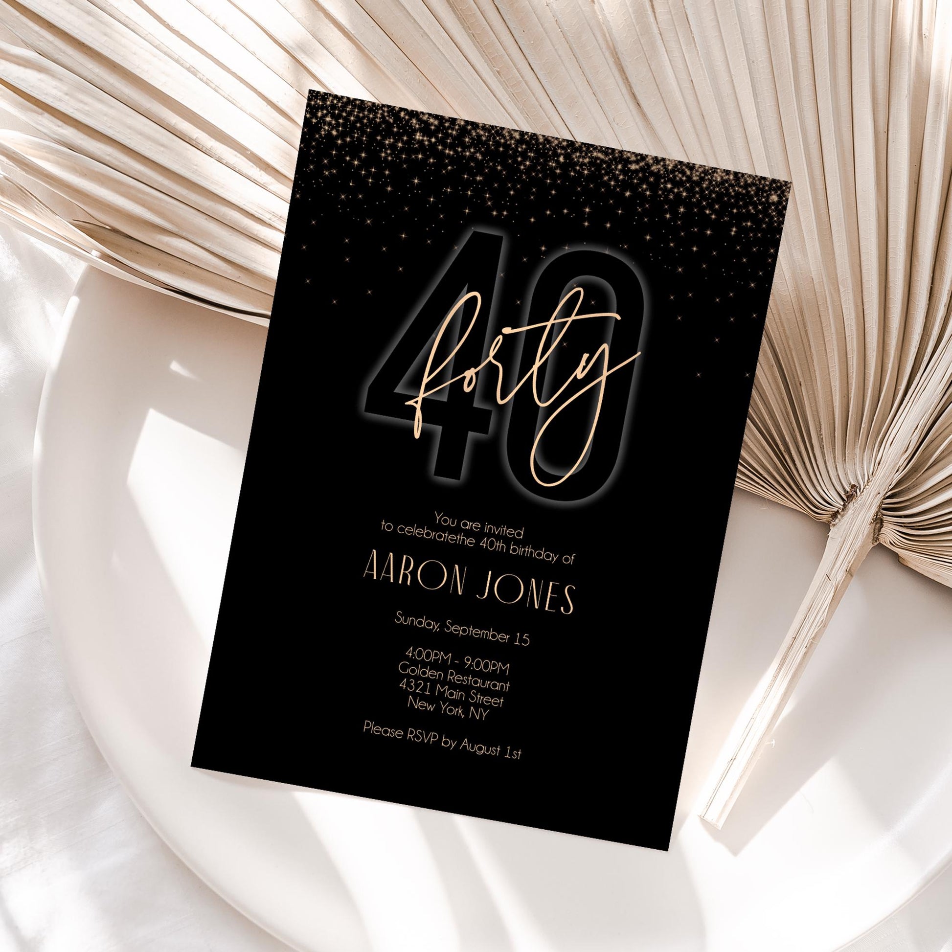 40th Birthday Invitation Printable, Forty Birthday Party, Black Gold Men Birthday Invitation, Editable Luxury Invite, Instant Download, 5x7
