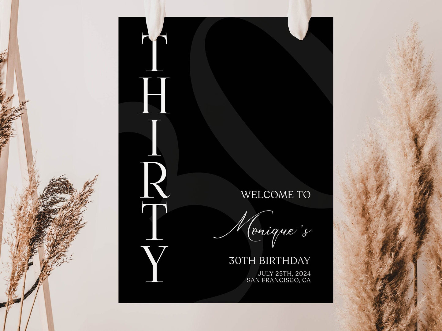 Simple Black 30th Birthday Welcome Sign Template, Printable Minimalist Birthday Poster, Editable Birthday Decor, Instant Download Sign