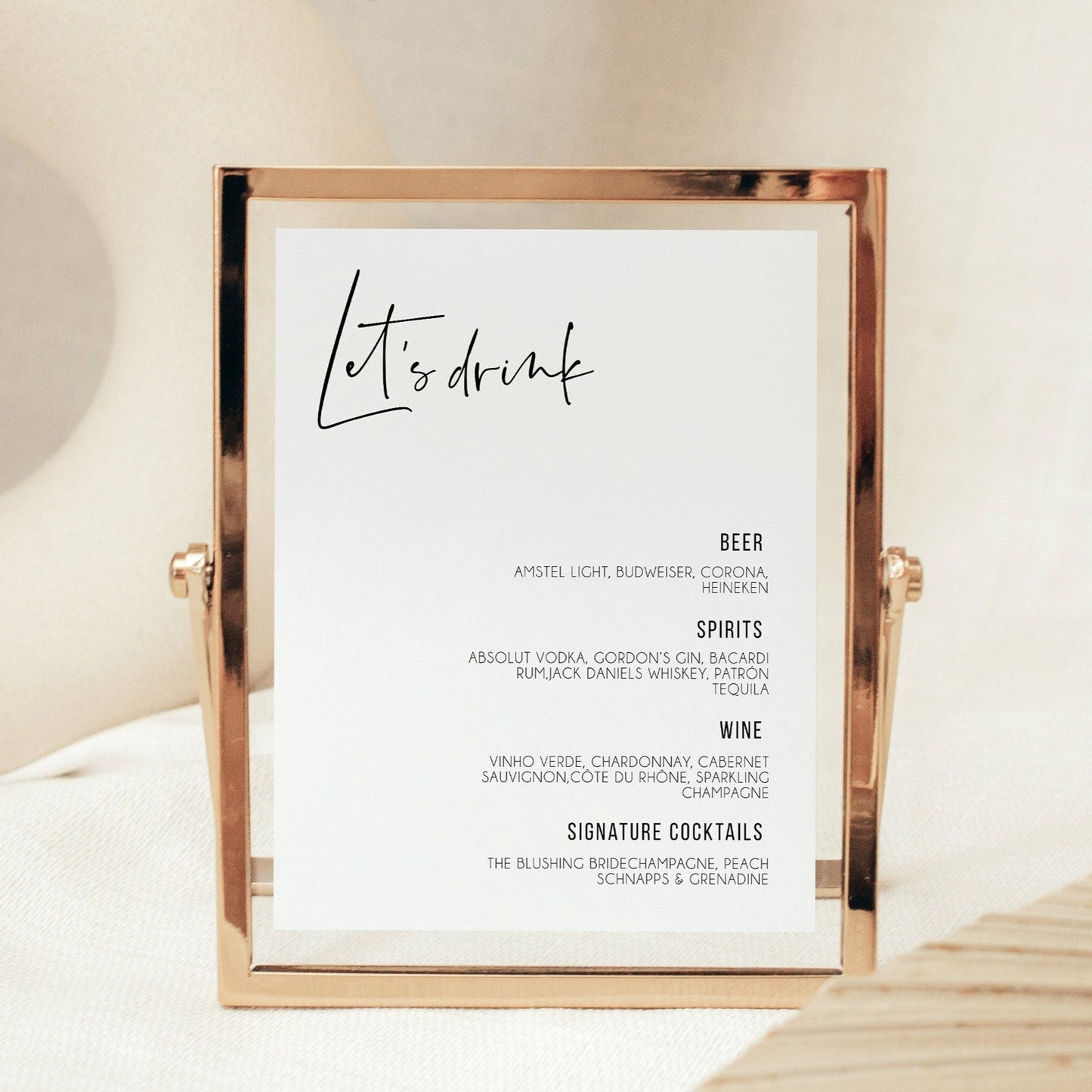 Modern Wedding Bar Menu Template, 8x10 Let's Drink Minimalist Printable Wedding Drink Sign, Editable Digital Bar Menu