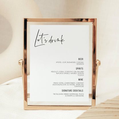 Modern Wedding Bar Menu Template, 8x10 Let's Drink Minimalist Printable Wedding Drink Sign, Editable Digital Bar Menu