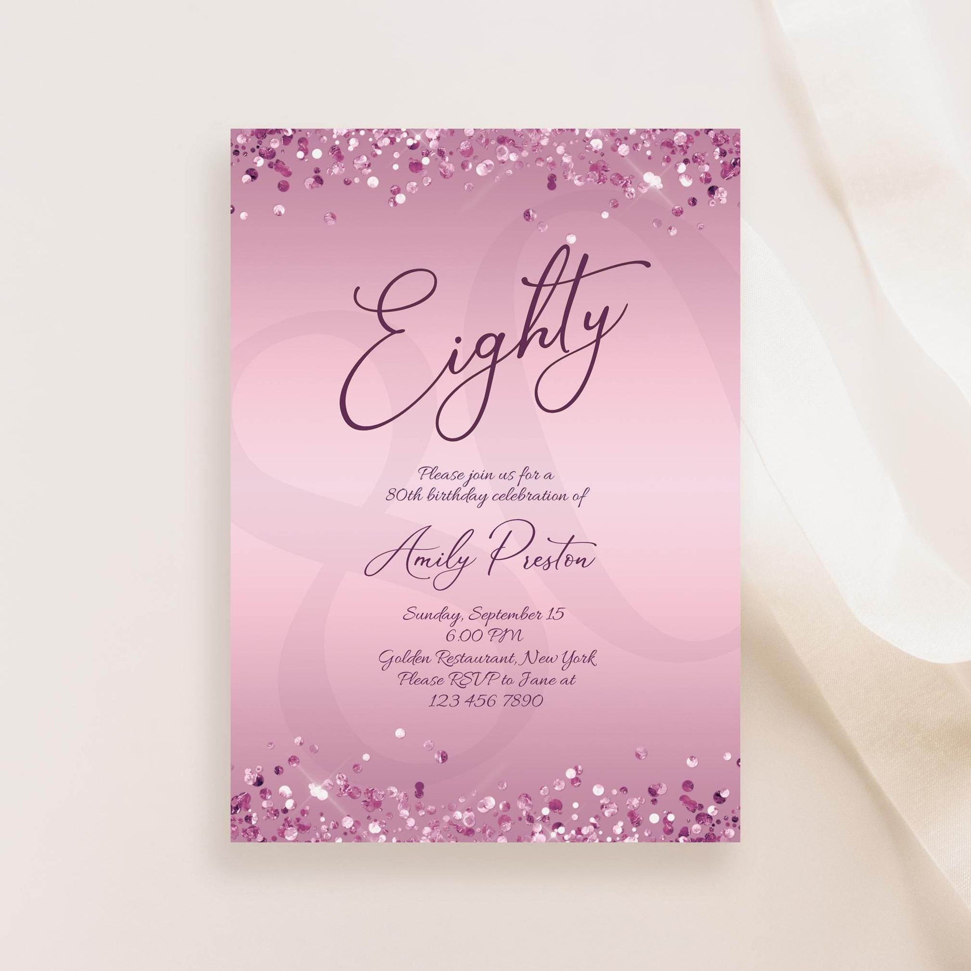 Editable 80th Birthday Invitation Template, Printable Purple Lavender Party Invite, Luxury Email Text Message Birthday Card, Instant Download