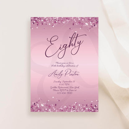 Editable 80th Birthday Invitation Template, Printable Purple Lavender Party Invite, Luxury Email Text Message Birthday Card, Instant Download