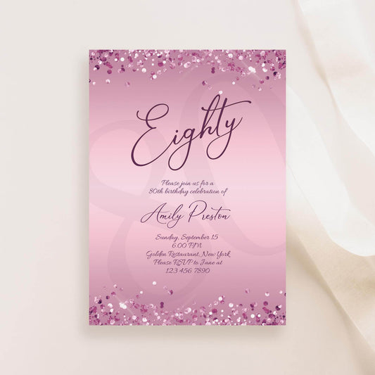 Editable 80th Birthday Invitation Template, Printable Purple Lavender Party Invite, Luxury Email Text Message Birthday Card, Instant Download