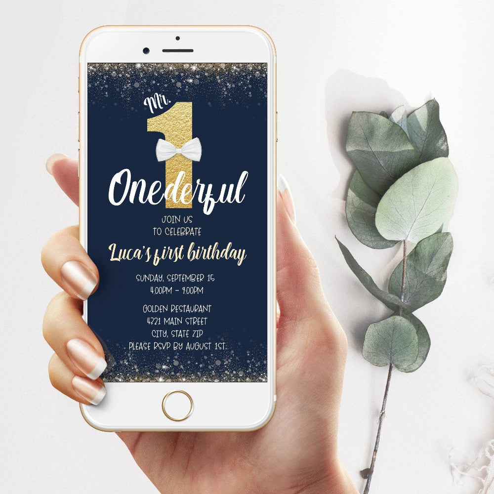 Mr. ONEderful First Birthday Invitation | Editable Navy Blue Mobile Evite | Digital ONEderful 1st Birthday SMS Invite | Instant Download Template