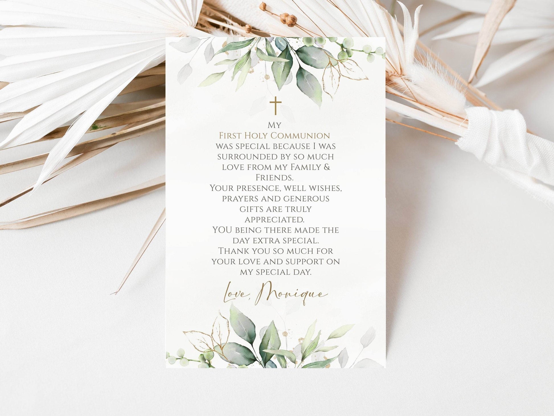 Printable First Holy Communion Thank You Card Template, 4x6 Editable Greenery Watercolor Thank You Note, Email Text Message, Instant Download