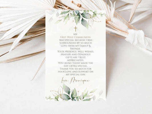 Printable First Holy Communion Thank You Card Template, 4x6 Editable Greenery Watercolor Thank You Note, Email Text Message, Instant Download