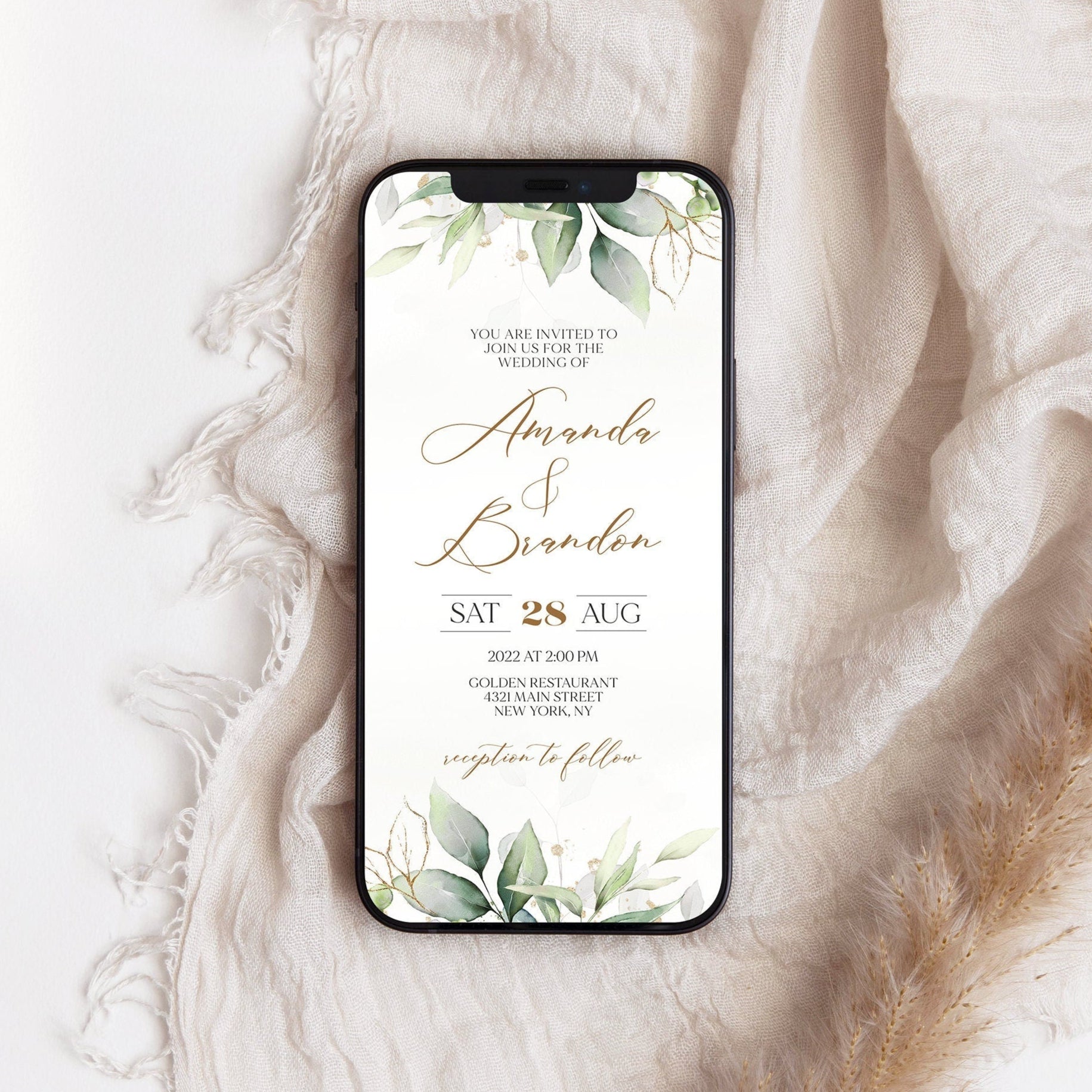 Greenery Gold Wedding Evite, Electronic Wedding Invitation Template, Text Message Evite, Digital Invitation, Wedding Phone Invite, Download
